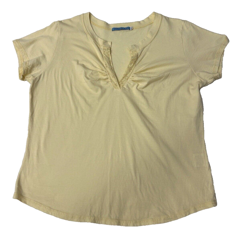Johnny Was Women's Short Sleeve V-Neck Tee Size L Yellow Cotton Top Boho USA